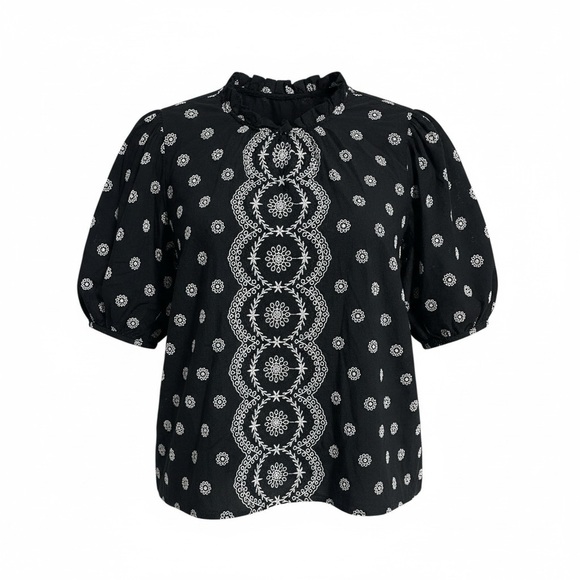 Loft Black and White Embroidered Eyelet Puff Sleeve High Neck Boho Top Size L - Picture 10 of 10